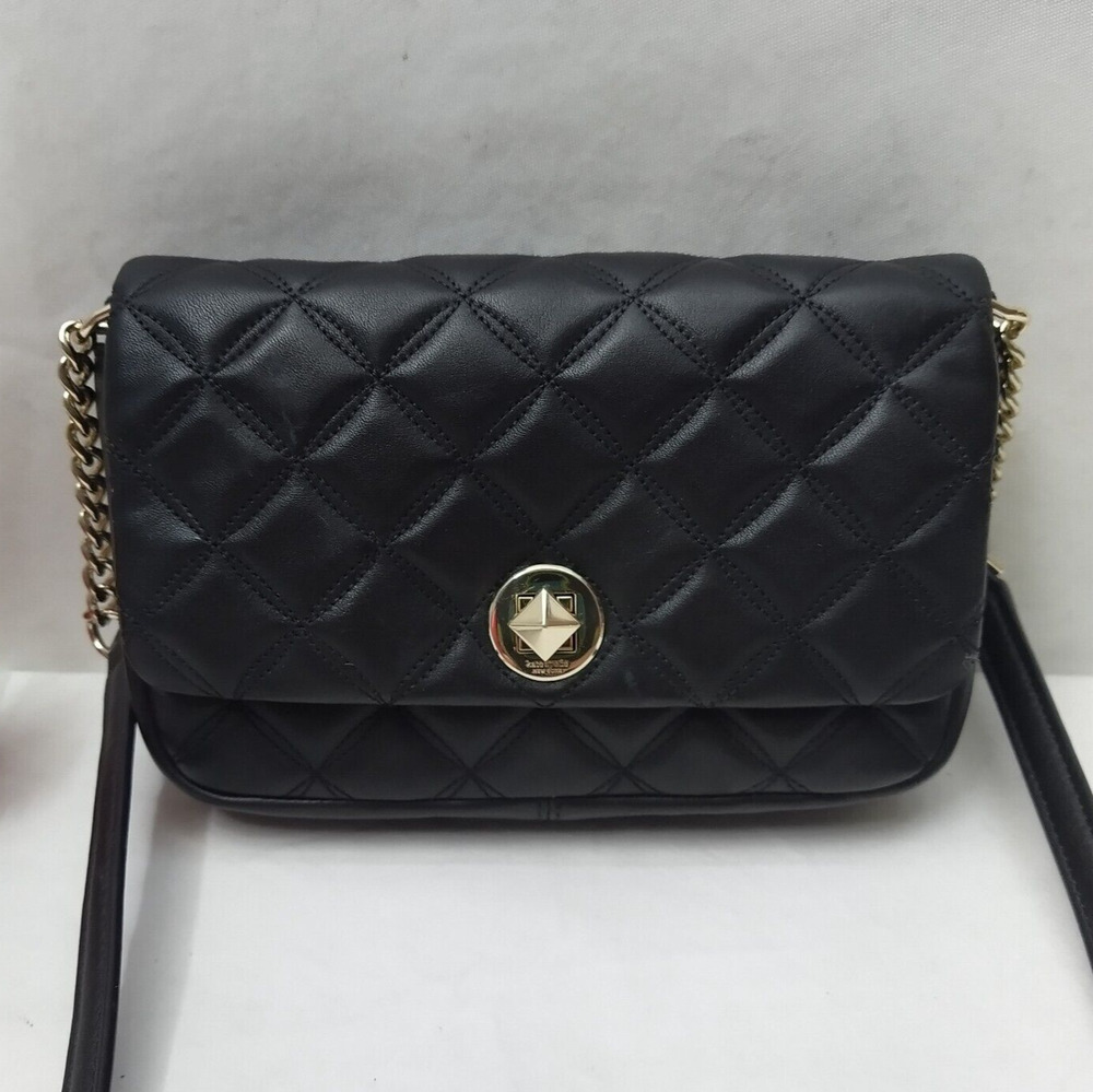 Kate Spade New York Black Leather Quilted Turnlock Flap Closure Crossbody Bag